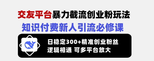交友平台暴力截流创业粉玩法，知识付费新人引流必修课，日稳定300+精准创业粉丝，逻辑相通可多平台放大网创-网赚-电商-tk-出海-AI-抖音-快手-小红书-视频号-玩法-创业-小程序-公众号-私域-s粉网创智库