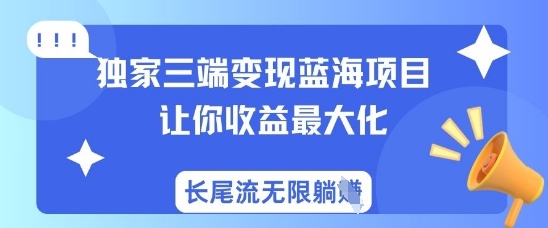 独家三端变现蓝海项目，让你收益最大化，长尾流无限躺挣网创-网赚-电商-tk-出海-AI-抖音-快手-小红书-视频号-玩法-创业-小程序-公众号-私域-s粉网创智库