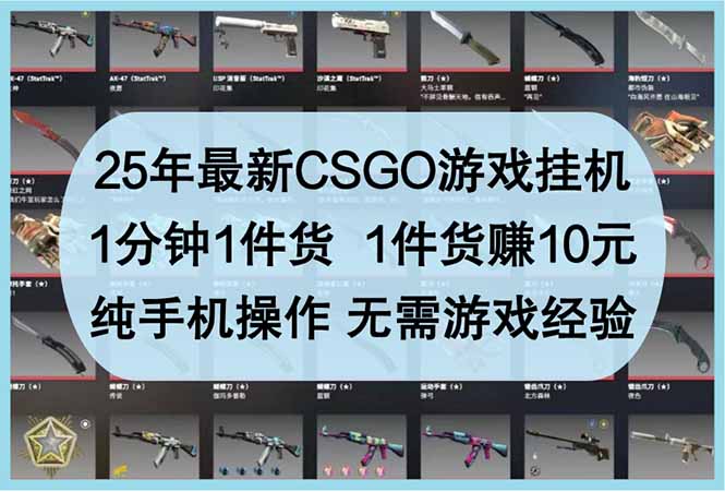 25年最新CSGO游戏挂机，1分钟1件货，1件货赚10元 纯手机操作 无需游戏经验网创-网赚-电商-tk-出海-AI-抖音-快手-小红书-视频号-玩法-创业-小程序-公众号-私域-s粉网创智库