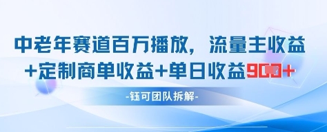 中老年赛道百万播放+流量主收益+定制收益，单日收益9张网创-网赚-电商-tk-出海-AI-抖音-快手-小红书-视频号-玩法-创业-小程序-公众号-私域-s粉网创智库