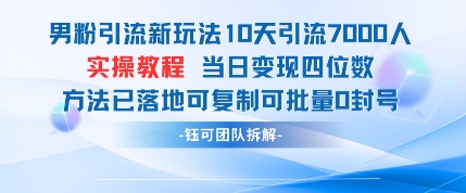 男粉引流新玩法10天引流7000人当日变现四位数可复制可批量0封号网创-网赚-电商-tk-出海-AI-抖音-快手-小红书-视频号-玩法-创业-小程序-公众号-私域-s粉网创智库