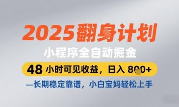 2025小程序全自动掘金，48 小时可见收益，日入8张，长期稳定靠谱，小白宝妈轻松上手【揭秘】网创-网赚-电商-tk-出海-AI-抖音-快手-小红书-视频号-玩法-创业-小程序-公众号-私域-s粉网创智库