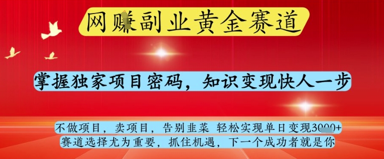 网创副业黄全赛道，掌握独家项目密码，知识变现快人一步，告别韭菜轻松实现单日变现1k+【揭秘】网创-网赚-电商-tk-出海-AI-抖音-快手-小红书-视频号-玩法-创业-小程序-公众号-私域-s粉网创智库