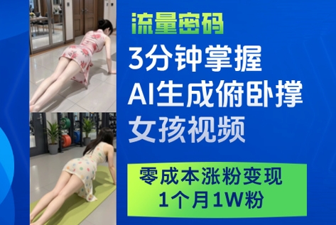 3分钟掌握AI生成俯卧撑女孩视频，零成本涨粉变现，1个月1W粉网创-网赚-电商-tk-出海-AI-抖音-快手-小红书-视频号-玩法-创业-小程序-公众号-私域-s粉网创智库