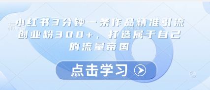 小红书3分钟一条作品精准引流创业粉300+，打造属于自己的流量帝国网创-网赚-电商-tk-出海-AI-抖音-快手-小红书-视频号-玩法-创业-小程序-公众号-私域-s粉网创智库
