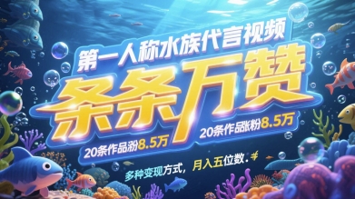 第一人称水族代言视频，条条万赞，20条作品涨粉7.8W，多种变现方式月入五位数网创-网赚-电商-tk-出海-AI-抖音-快手-小红书-视频号-玩法-创业-小程序-公众号-私域-s粉网创智库