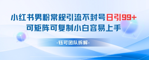 小红书男粉常规引流不封号日引99+变现简单 可矩阵可复制小白容易上手网创-网赚-电商-tk-出海-AI-抖音-快手-小红书-视频号-玩法-创业-小程序-公众号-私域-s粉网创智库