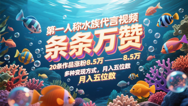 第一人称水族代言视频，条条万赞，20条作品涨粉8.5万，多种变现方式月，入五位数网创-网赚-电商-tk-出海-AI-抖音-快手-小红书-视频号-玩法-创业-小程序-公众号-私域-s粉网创智库