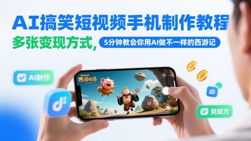 AI搞笑短视频手机制作教程,多张变现方式,5分钟教会你用AI做不一样的西游记网创-网赚-电商-tk-出海-AI-抖音-快手-小红书-视频号-玩法-创业-小程序-公众号-私域-s粉网创智库