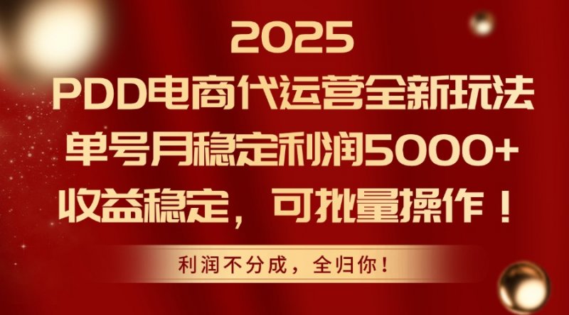 2025PDD电商代运营全新玩法，单号月稳定利润5000+，收益稳定，可批量操作网创-网赚-电商-tk-出海-AI-抖音-快手-小红书-视频号-玩法-创业-小程序-公众号-私域-s粉网创智库
