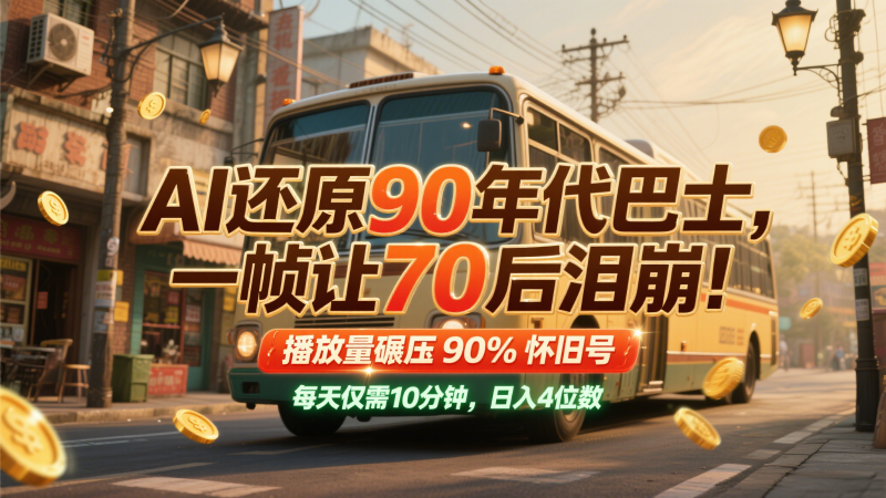 AI还原90年代巴士，一帧让70后泪崩！播放量碾压90%怀旧号，每天10分钟，日入4位数网创-网赚-电商-tk-出海-AI-抖音-快手-小红书-视频号-玩法-创业-小程序-公众号-私域-s粉网创智库