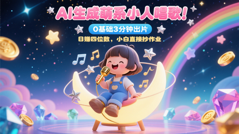 AI生成萌系小人唱歌！0基础3分钟出片，28个作品涨粉9万，日赚四位数，小白直接抄作业网创-网赚-电商-tk-出海-AI-抖音-快手-小红书-视频号-玩法-创业-小程序-公众号-私域-s粉网创智库
