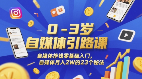 0-3岁自媒体引路课，自媒体挣钱零基础入门，自媒体月入2W的23个秘法网创-网赚-电商-tk-出海-AI-抖音-快手-小红书-视频号-玩法-创业-小程序-公众号-私域-s粉网创智库