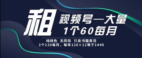 租视频号，一个60每月，2个120.纯绿色、无风险，常年租【揭秘】网创-网赚-电商-tk-出海-AI-抖音-快手-小红书-视频号-玩法-创业-小程序-公众号-私域-s粉网创智库