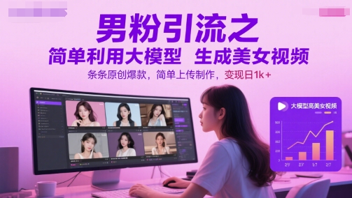 男粉引流之简单利用大模型生成美女视频，条条原创爆款，简单上传制作，变现日1k+网创-网赚-电商-tk-出海-AI-抖音-快手-小红书-视频号-玩法-创业-小程序-公众号-私域-s粉网创智库