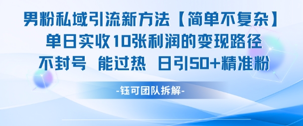 男粉私域引流新方法，单日收10张利润，日引流50+精准粉网创-网赚-电商-tk-出海-AI-抖音-快手-小红书-视频号-玩法-创业-小程序-公众号-私域-s粉网创智库