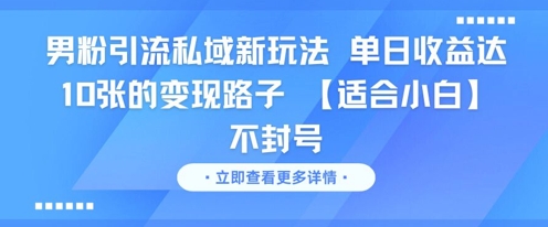 男粉引流私域新玩法，单日收益达10张的变现路子 【适合小白】不封号网创-网赚-电商-tk-出海-AI-抖音-快手-小红书-视频号-玩法-创业-小程序-公众号-私域-s粉网创智库