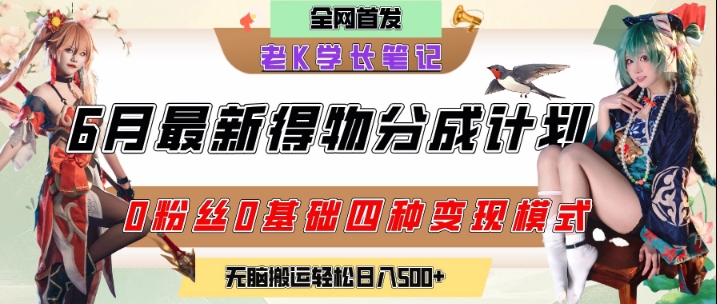 6月份最新得物创作者分成计划2.0玩法，0粉丝0基础四种模式变现，从隐蔽渠道无脑搬运，日入2张网创-网赚-电商-tk-出海-AI-抖音-快手-小红书-视频号-玩法-创业-小程序-公众号-私域-s粉网创智库