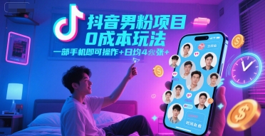 抖音男粉项目0成本玩法，一部手机即可操作，日均4张+，时间自由网创-网赚-电商-tk-出海-AI-抖音-快手-小红书-视频号-玩法-创业-小程序-公众号-私域-s粉网创智库