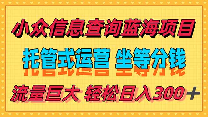 稳定日入300＋，小众信息查询蓝海项目，全程懒人式托管，解放你的时间网创-网赚-电商-tk-出海-AI-抖音-快手-小红书-视频号-玩法-创业-小程序-公众号-私域-s粉网创智库