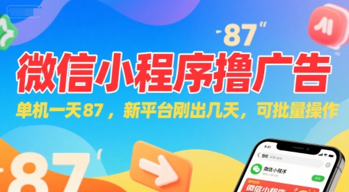 微信小程序看广告，单机一天87，新平台刚出几天，可批量操作，日入5张网创-网赚-电商-tk-出海-AI-抖音-快手-小红书-视频号-玩法-创业-小程序-公众号-私域-s粉网创智库