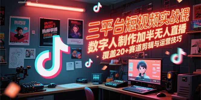 三平台短视频实战课，数字人制作加半无人直播，覆盖20+赛道剪辑与运营技巧网创-网赚-电商-tk-出海-AI-抖音-快手-小红书-视频号-玩法-创业-小程序-公众号-私域-s粉网创智库