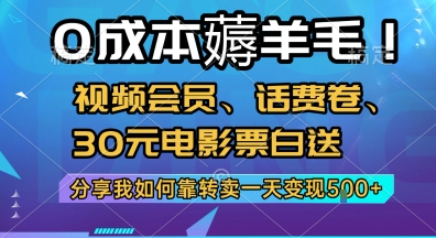 0成本薅羊毛!视频会员、话费卷、30元电影票白送，分享我如何靠转卖一天变现5张+【揭秘】网创-网赚-电商-tk-出海-AI-抖音-快手-小红书-视频号-玩法-创业-小程序-公众号-私域-s粉网创智库