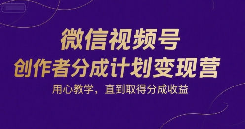 微信视频号创作者分成计划变现营，用心教学，直到取得分成收益网创-网赚-电商-tk-出海-AI-抖音-快手-小红书-视频号-玩法-创业-小程序-公众号-私域-s粉网创智库