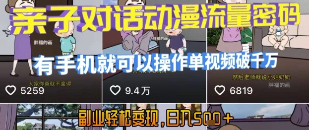 AI引爆短视频，亲子对话动漫流量密码，有手机就可以操作，单视频破千万播放，副业轻松变现，日入5张【揭秘】网创-网赚-电商-tk-出海-AI-抖音-快手-小红书-视频号-玩法-创业-小程序-公众号-私域-s粉网创智库