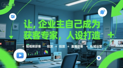 让企业主自己成为获客专家，人设打造+短视频获客+投放+直播获客+私域运营网创-网赚-电商-tk-出海-AI-抖音-快手-小红书-视频号-玩法-创业-小程序-公众号-私域-s粉网创智库