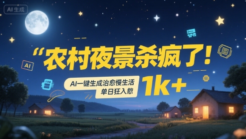 农村夜景杀疯了！AI一键生成治愈系慢生活，单日狂入1k+网创-网赚-电商-tk-出海-AI-抖音-快手-小红书-视频号-玩法-创业-小程序-公众号-私域-s粉网创智库