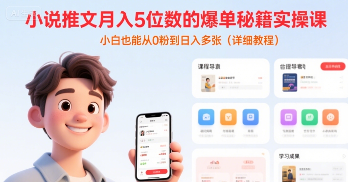 小说推文月入5位数的爆单秘籍实操课，，小白也能从0粉到日入多张(详细教程)网创-网赚-电商-tk-出海-AI-抖音-快手-小红书-视频号-玩法-创业-小程序-公众号-私域-s粉网创智库