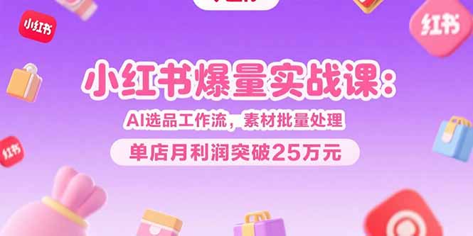 小红书爆量实战课：AI选品工作流，素材批量处理，单店月利润突破25万元网创-网赚-电商-tk-出海-AI-抖音-快手-小红书-视频号-玩法-创业-小程序-公众号-私域-s粉网创智库