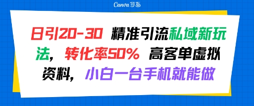 日引 20-30 精准引流私域新玩法，转化率50% 高客单虚拟资料，小白一台手机就能做网创-网赚-电商-tk-出海-AI-抖音-快手-小红书-视频号-玩法-创业-小程序-公众号-私域-s粉网创智库