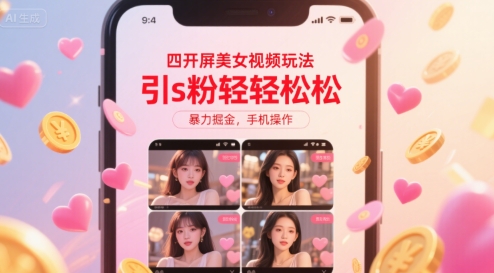 四开屏美女视频玩法，引s粉轻轻松松，暴力掘金，手机操作【揭秘】网创-网赚-电商-tk-出海-AI-抖音-快手-小红书-视频号-玩法-创业-小程序-公众号-私域-s粉网创智库