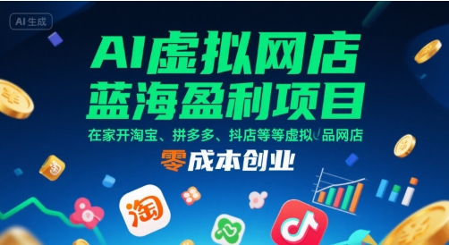 AI虚拟网店蓝海盈利项目，在家开淘宝、拼多多、抖店等虚拟品网店，零成本创业网创-网赚-电商-tk-出海-AI-抖音-快手-小红书-视频号-玩法-创业-小程序-公众号-私域-s粉网创智库