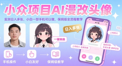 小众项目AI漫改头像，实测日入多张，小白一部手机可以做，保姆级全流程教学网创-网赚-电商-tk-出海-AI-抖音-快手-小红书-视频号-玩法-创业-小程序-公众号-私域-s粉网创智库