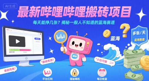 最新哔哩哔哩上B站搬砖项目，每天能挣几张？揭秘一般人不知道的蓝海赛道网创-网赚-电商-tk-出海-AI-抖音-快手-小红书-视频号-玩法-创业-小程序-公众号-私域-s粉网创智库