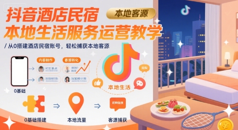 抖音酒店民宿本地生活服务运营教学,从0搭建酒店民宿账号,轻松捕获本地客源网创-网赚-电商-tk-出海-AI-抖音-快手-小红书-视频号-玩法-创业-小程序-公众号-私域-s粉网创智库