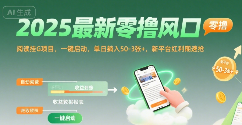 2025最新零撸风口，阅读挂G项目，一键启动，单日躺入 50-3张+，新平台红利期速抢【揭秘】网创-网赚-电商-tk-出海-AI-抖音-快手-小红书-视频号-玩法-创业-小程序-公众号-私域-s粉网创智库