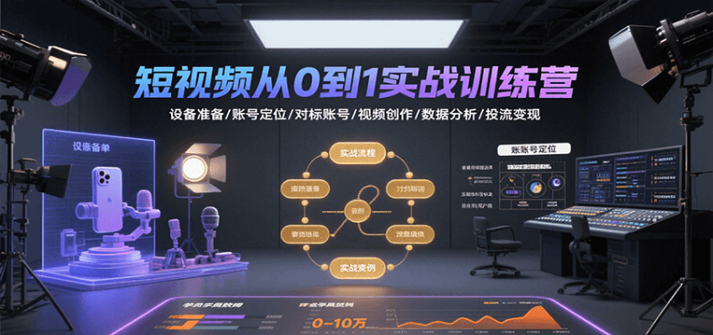 短视频从0到1实战训练营：设备准备/账号定位/对标账号/视频创作/数据分析/投流变现网创-网赚-电商-tk-出海-AI-抖音-快手-小红书-视频号-玩法-创业-小程序-公众号-私域-s粉网创智库