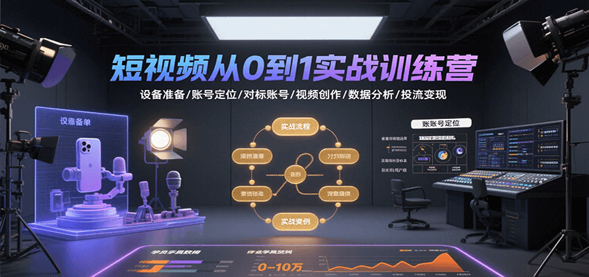短视频从0到1实战训练营：设备准备/账号定位/对标账号/视频创作/数据分析/投流变现 - 网创智库网创-网赚-电商-tk-出海-AI-抖音-快手-小红书-视频号-玩法-创业-小程序-公众号-私域-s粉网创智库