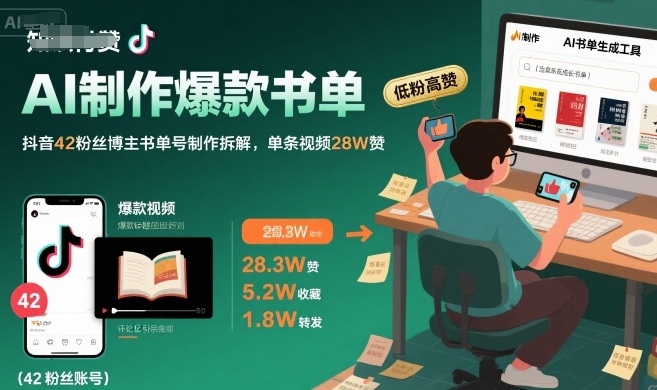 AI制作爆款书单,抖音42粉丝博主书单号制作拆解,单条视频28W赞网创-网赚-电商-tk-出海-AI-抖音-快手-小红书-视频号-玩法-创业-小程序-公众号-私域-s粉网创智库