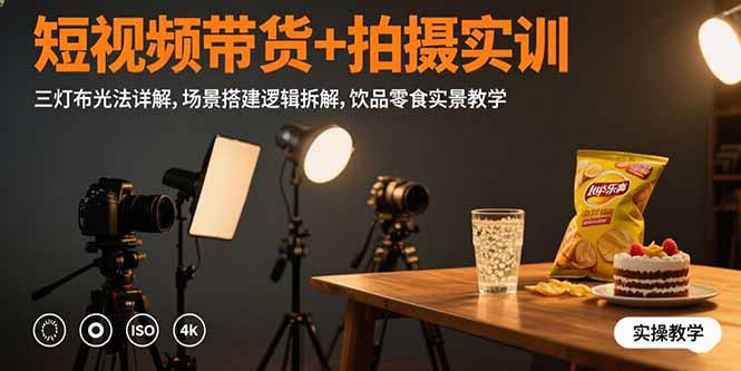 短视频带货+拍摄实训：三灯布光法详解,场景搭建逻辑拆解,饮品零食实景教学网创-网赚-电商-tk-出海-AI-抖音-快手-小红书-视频号-玩法-创业-小程序-公众号-私域-s粉网创智库