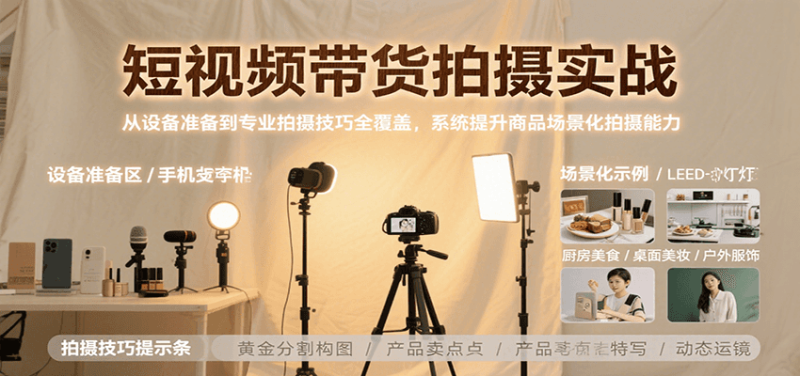 短视频带货拍摄实战，从设备准备到专业拍摄技巧全覆盖，系统提升商品场景化拍摄能力网创-网赚-电商-tk-出海-AI-抖音-快手-小红书-视频号-玩法-创业-小程序-公众号-私域-s粉网创智库