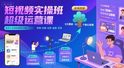 短视频实操班超级运营课，新手小白到短视频大神必修课程，剪辑-拍摄-运营-直播-变现网创-网赚-电商-tk-出海-AI-抖音-快手-小红书-视频号-玩法-创业-小程序-公众号-私域-s粉网创智库