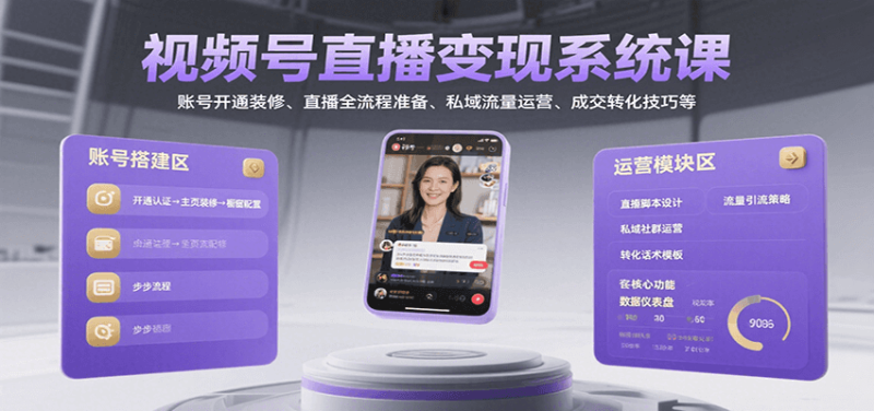 视频号直播变现系统课，账号开通装修、直播全流程准备、私域流量运营、成交转化技巧等网创-网赚-电商-tk-出海-AI-抖音-快手-小红书-视频号-玩法-创业-小程序-公众号-私域-s粉网创智库