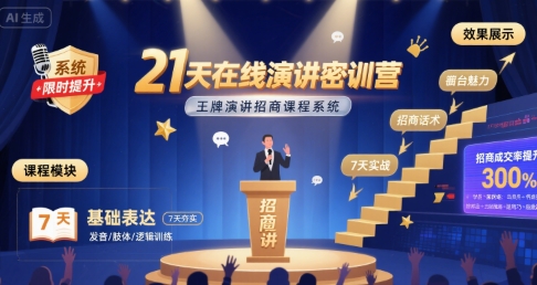 21天在线演讲密训营，王牌演讲招商课程系统网创-网赚-电商-tk-出海-AI-抖音-快手-小红书-视频号-玩法-创业-小程序-公众号-私域-s粉网创智库