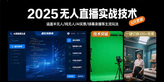 2025无人直播实战技术-8月，涵盖半无人/纯无人/AI实景/绿幕录播等主流玩法网创-网赚-电商-tk-出海-AI-抖音-快手-小红书-视频号-玩法-创业-小程序-公众号-私域-s粉网创智库