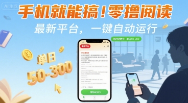 手机就能搞！零撸阅读挂G，最新平台，一键自动运行，随时随地挣，单日50-3张+【揭秘】网创-网赚-电商-tk-出海-AI-抖音-快手-小红书-视频号-玩法-创业-小程序-公众号-私域-s粉网创智库